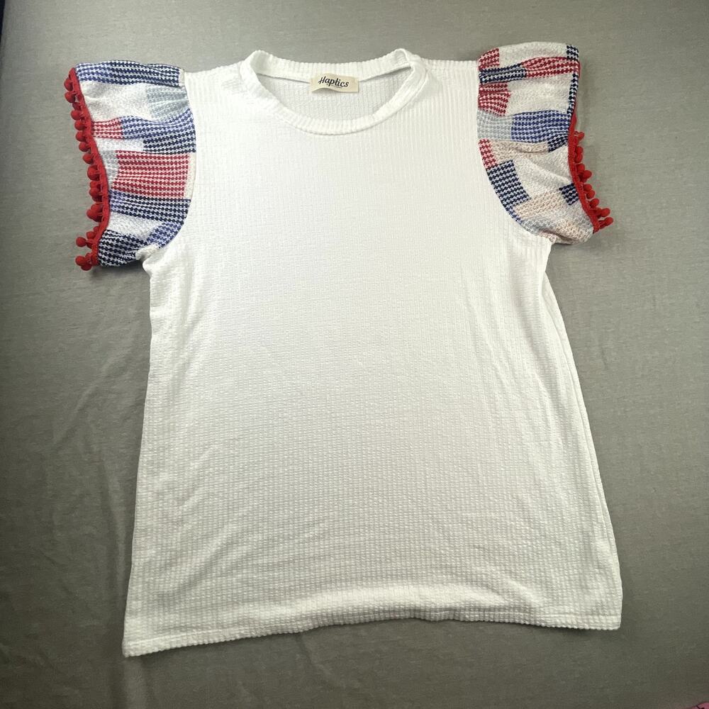 Haptics by Holly Harper White Waffle Shirt T-Shirt Tee Red Blue Pom Pom M